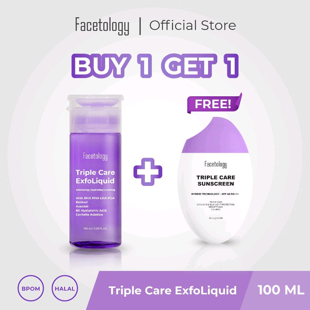 [Toner + Free Sunscreen 40ml] Facetology Triple Care ExfoLiquid Toner Exfoliating Semua Jenis Kulit. Lagi flash sale guys