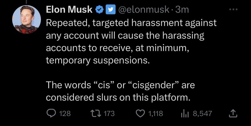 Ben Goggin on X: "Musk says calling someone “cis” is considered a slur on  Twitter — this is after he rolled back Twitter's anti-deadnaming policy  https://t.co/gVIO1GVlkS" / X