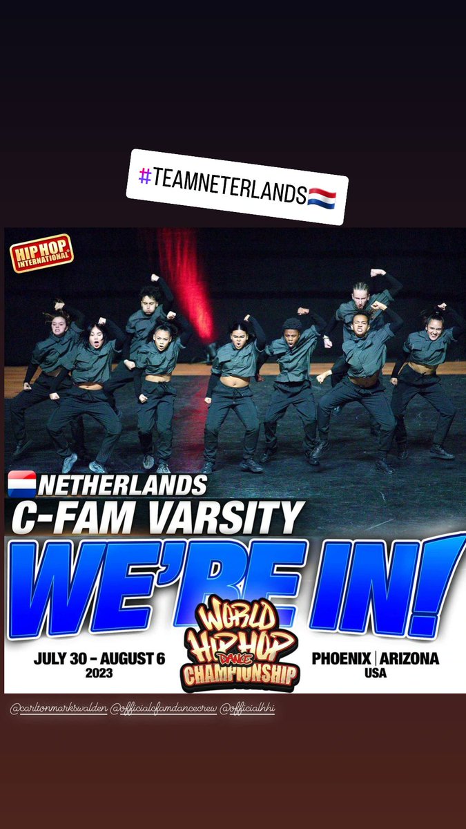 HHINetherlands's tweet photo. 🔥 C-Fam Varsity is in 🇳🇱
▪︎
#TEAMNETHERLANDS
▪︎
🚨 World Hip Hop Dance Championship 🇳🇱
▪︎
July 30 - August 6, 2023 | Arizona Grand Resort &amp; Spa | Phoenix, AZ
•
It's the Biggest Week in Hip Hop Dance!
▪︎
#HHI #HHI2023 #GoForGold2023
#Worlds #Worlds2023 #HHIWorlds2023 https://t.co/FSYv4nuzxI