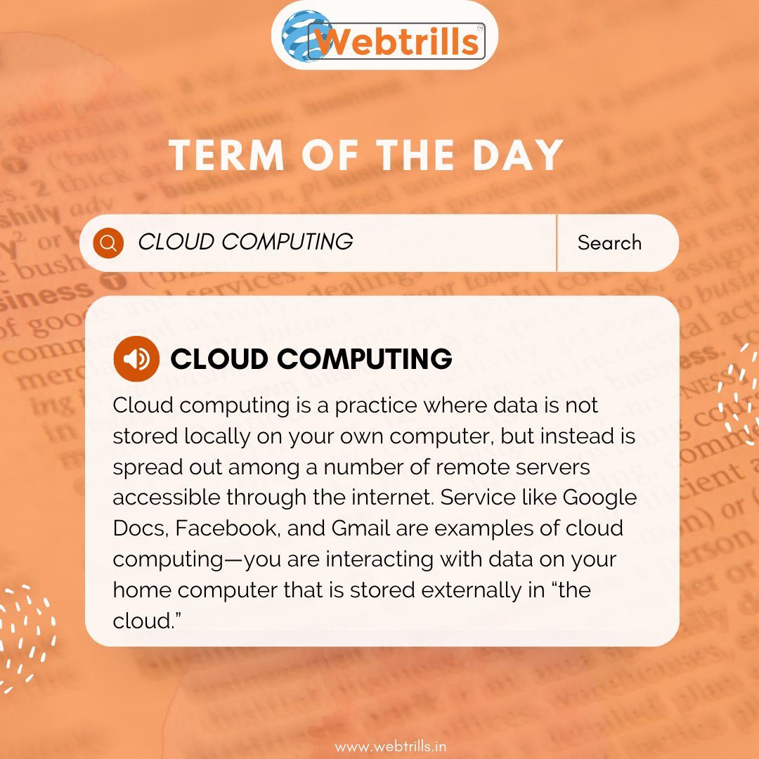 Term of the day - CLOUD COMPUTING 
.
Follow us for more such interesting terms and don't forget to contact us for any kind of IT Service.
Contact us -
+ 1.202.421-5747
webtrills.in
.
#webtrills #terms #cloudcomputing #itterms #server  #itcompany #itservices #contactus