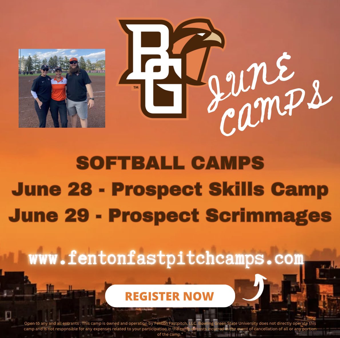 🚨Softball CAMPS🚨

Don’t miss out!! 👇🏼👇🏼👇🏼👇🏼👇🏼👇🏼

🗓️ JUNE 28 (Wed) Prospect Camps 
🗓️ JUNE 29 (Thurs) Live Scrimmages

📍 BGSU Meserve Softball Field 
#AyZiggy 

<a href="/BGSUSoftball/">BGSU Softball</a> @BGathletics <a href="/bgsu/">Bowling Green State University</a> <a href="/BarstoolBG/">Barstool BGSU</a> <a href="/vandermerwe63/">Derek van der Merwe</a>

fentonfastpitchcamps.com