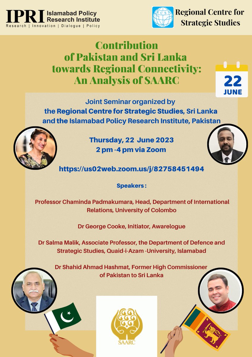 Joint seminar organized by the Regional Centre of Strategic Studies (RCSS) and the Islamabad Policy Research Institute (IPRI)      
Thursday, 22 June 2023    
2 pm - 4 pm    
us02web.zoom.us/j/82758451494
