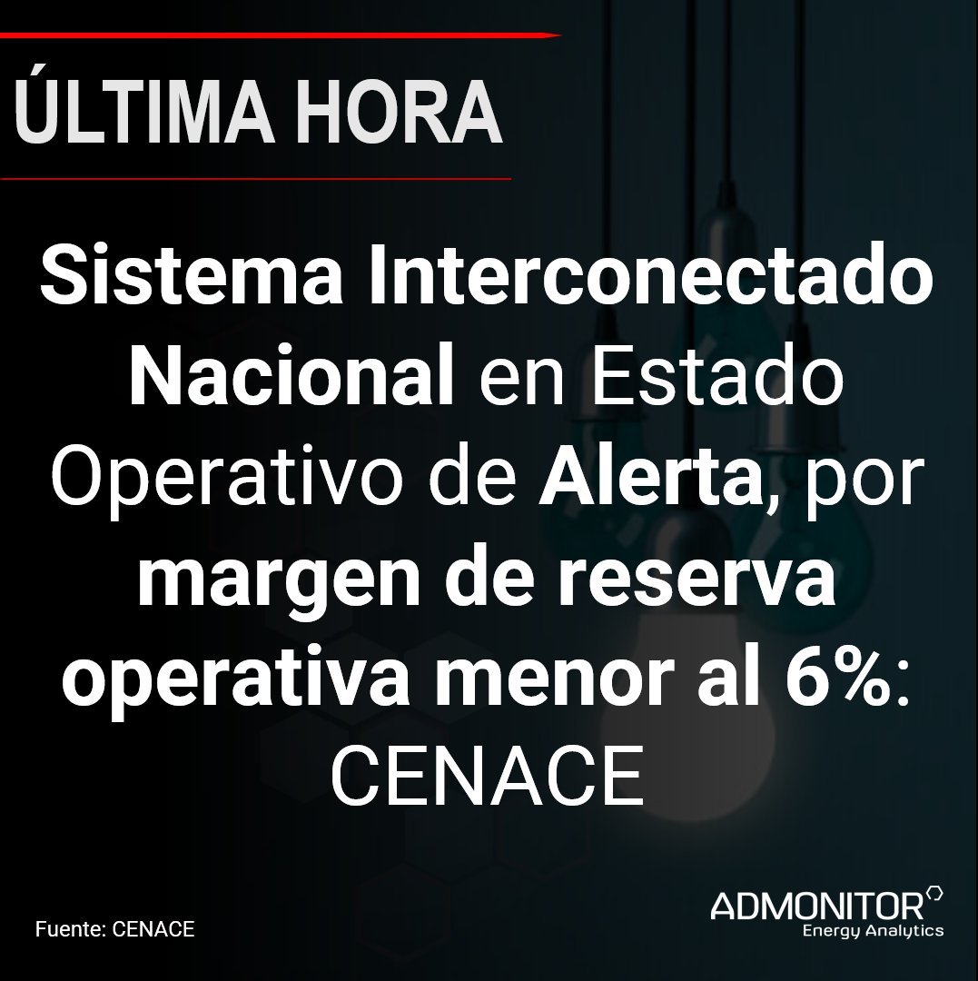 #ALERTA - El #CENACE reportó estatus de alerta, mediante un #Estado #Operativo de #Alerta, debido a que el #Sistema #Interconectado #Nacional se encontró con #reserva #operativa menor al 6%, a las 19:44 h del 20 de junio de 2023.