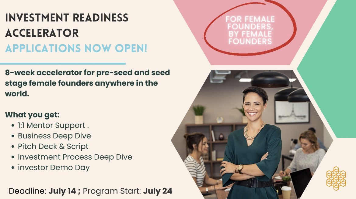 Calling all female founders!!! 

Join seasoned founders, operators and investors <a href="/HiveFounders/">Hive Founders</a> Investor Readiness accelerator - Cohort IV.  

High impact  8-week program by founders who have launched, scaled and exited. 
Apply by July 14:  lnkd.in/e7RVJqGz
#funding
