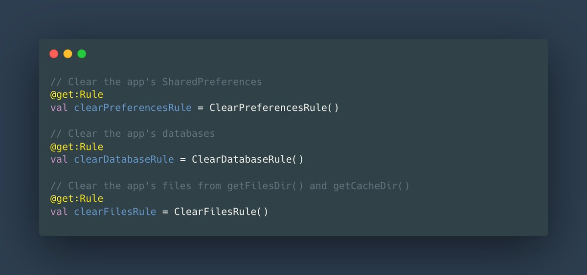 Alex_Zhukovich's tweet image. The state of the app and device should be the same before and after running a test case.
The Barista library has helpful test rules for the following tasks:
• Clear the app's SharedPreferences
• Clear the app's Databases
• Clear the app's files
#AndroidDev #AndroidTesting