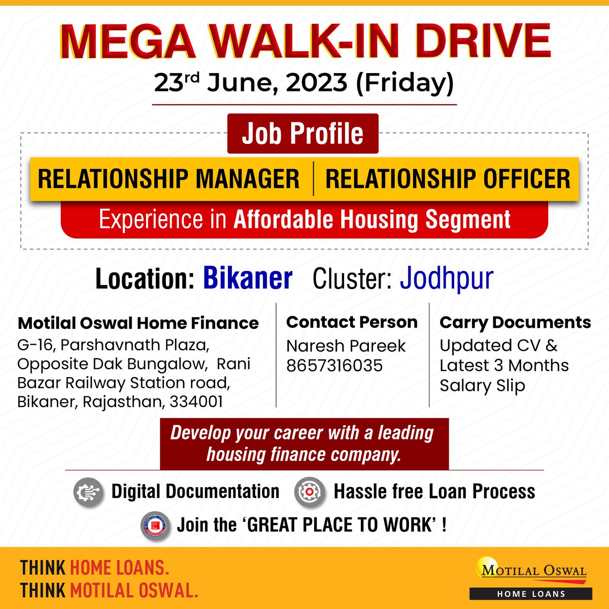 MEGA WALK-IN DRIVE #ThinkCareerThinkMotilalOswal
We are hiring!
Walk-in interviews on 23rd June, 2023.
Join the 'Great Place To Work ®' !
Follow us for more job updates!
#job #hiring #jobalert #jobsearch #maharashtra_ig #maharashtrajobs   #ajmer #alwar #jobhunt #Megawalkin