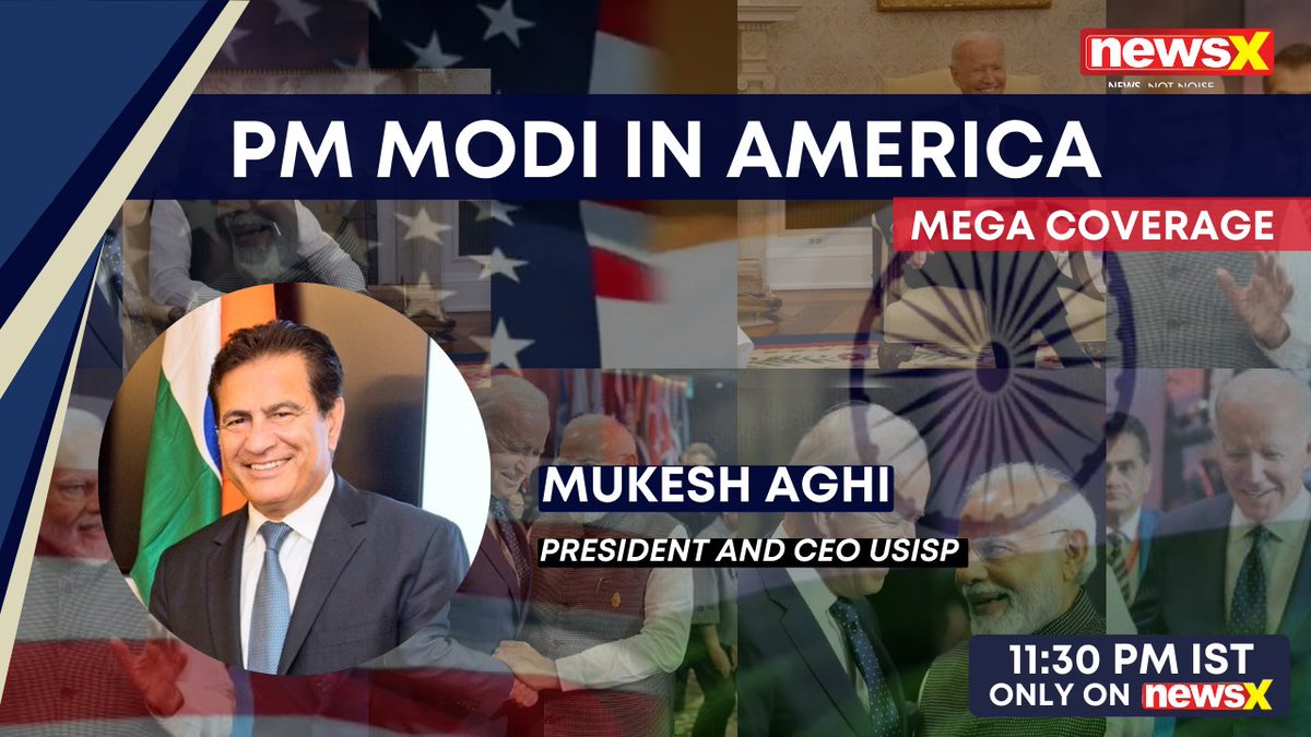 NewsX's tweet photo. #ModiInAmerica | As Prime Minister Narendra Modi embarks on his historic 3-day visit to the United States, join NewsX at 11:30 PM IST for a mega telecast, in conversation with Mukesh Aghi, President and CEO @USISPForum 

@MukeshAghi https://t.co/IcZCESknZ4