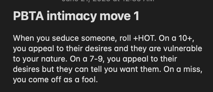 jdragsky's tweet photo. one of my favorite tools in generating intimacy and romance in TTRPGs is reversing who's vulnerable and who is getting to act on who — here's a PBTA move and an example of flipping the script https://t.co/C6sDE0NwLW