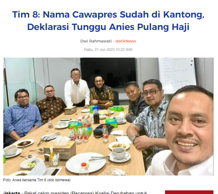 infoanies's tweet photo. Tim 8 mengatakan bahwa nama cawapres untuk Anies Baswedan sudah di kantong. Deklarasi hanya menunggu Anies Baswedan pulang dari ibadah haji.  

https://t.co/LPfN3HThsX https://t.co/MJH2UO3imM