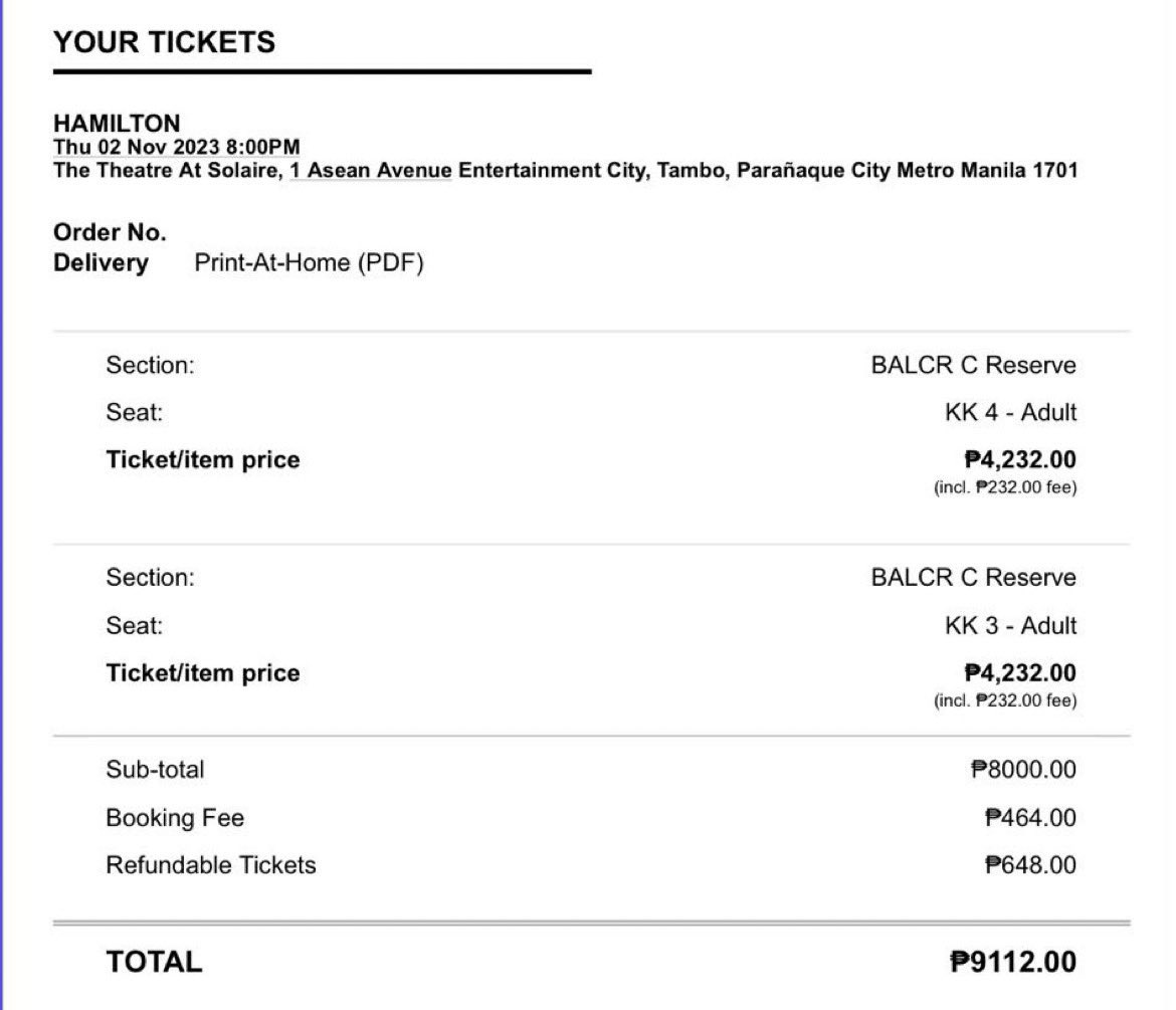 kjhfairy's tweet photo. helping a friend 

wts lfb fs tickets 

⭐️HAMILTON PH⭐️

date: nov 2, 2023 8:00 pm
section: c reserve, row k (2 adjacent seats)
selling it for the same price + refundable tix
rfs: change of plans

see photo below. price is negotiable. hmu! #HamiltonTickets #HAMILTON https://t.co/hV7IiJwMJX