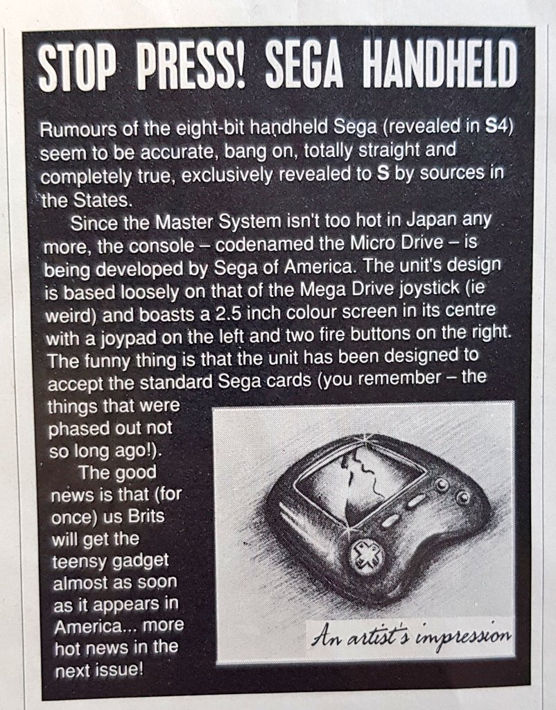 #SEGA to release a top secret 8bit handheld codenamed the Micro Drive.

From S Magazine circa 1990.

Anyone own the #GameGear back in the day?