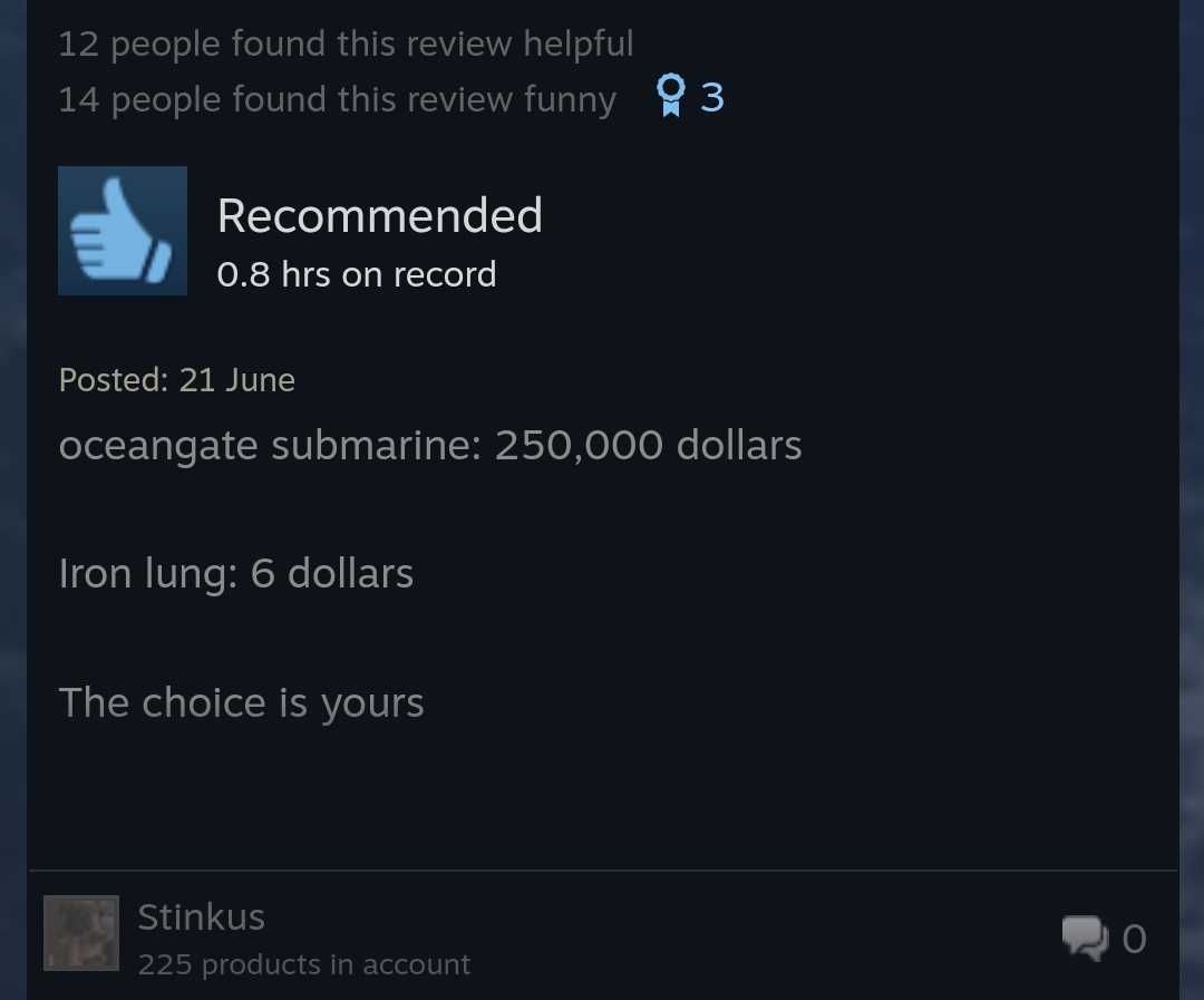 Recent Steam reviews for Iron Lung has me on the floor