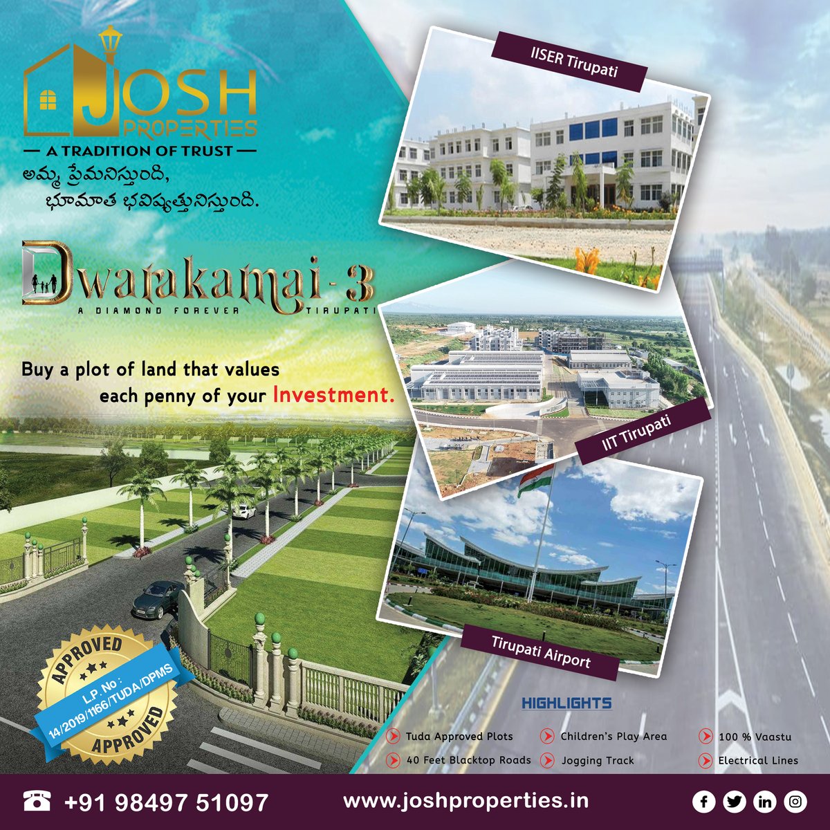 Dwarakamai - 3, with an area of 14 acres, located at the prime location of R Mallavaram, is ready for Registration.

#tuda #tudaapprovedplots #realestatetirupati #Tiruptiproperties #Tuda #Tudaplots #Tirupatirealestate #ManaTirupati #ITSMYTIRUPATI #openplotsintirupati #openplots