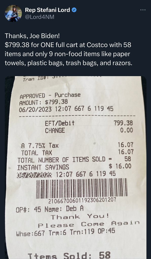 A Woman purchased 58 items at Costco for under $800 and proceeds to blame Joe Biden for her high bill. 

#1 The US is faring better with inflation than the vast majority of the Western world. 

#2 Inflation is dropping significantly. 

#3 The bulk of inflation is caused by supply…