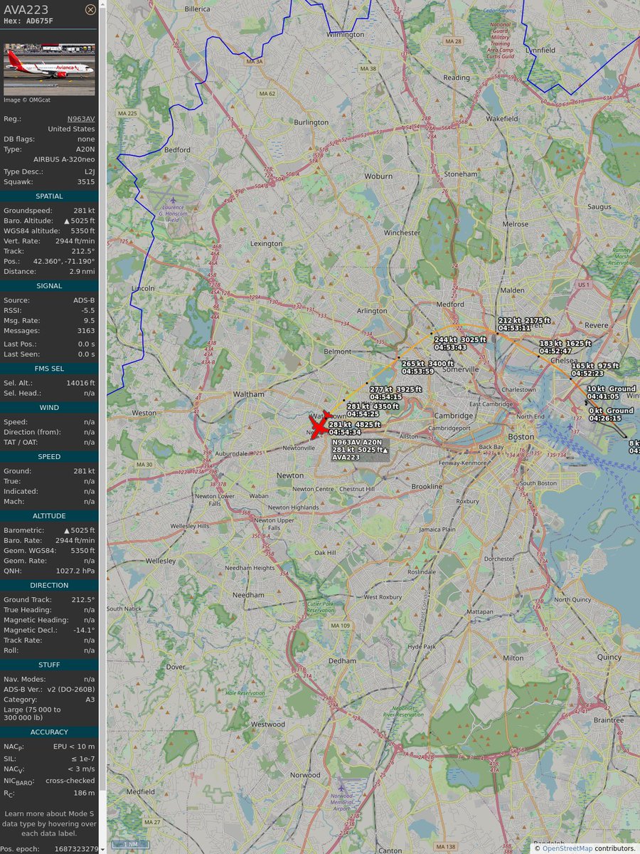 ICAO: #AD675F
Flt: #AVA223 #Avianca #BOS-#BOG
First seen: 2023/06/21 00:53:09
Min Alt: 2150 ft MSL
Min Dist: 0.15 mi

#planefence #adsb - planefence.com/medford
globe.adsbexchange.com/?icao=ad675f