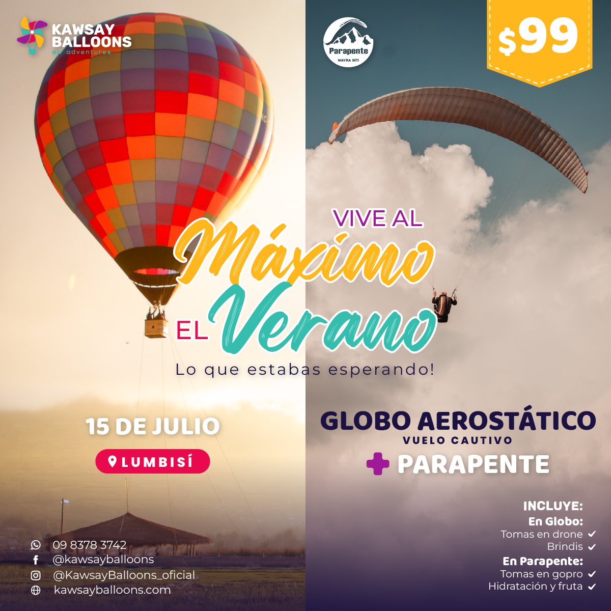 Un #Verano Único. Solo a $99 experiencia en #Globo + #Parapente.  15 de Julio Lumbisí - #Quito
Reserva ahora y tienes la opción de hacer la experiencia en otras fechas.
#GloboAerostatico
#Verano2023 
#Vacaciones
#wayrainti