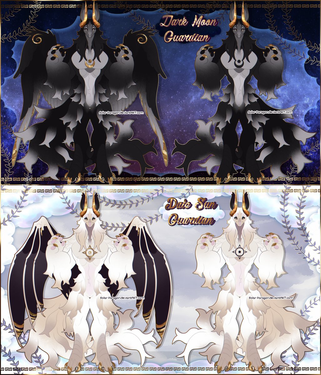 Two beefy twin cani-dragons who oversee the Heavens. $47 each or $82 together, available on my FA/DA! #commissionsopen #commissionme #Adoptables