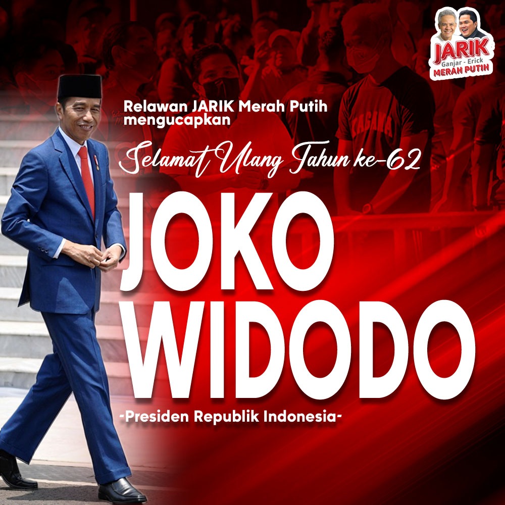 Keluarga besar Relawan Jarik mengucapkan selamat ulang tahun Bapak Ir. H. Joko Widodo. Semoga di usia ke 62 tahun ini semakin banyak berkah dan manfaat yang bapak terima.

#GanjarPranowo #ErickThohir #jokowidodo #selamatulangtahun #Indonesia #relawanjarik