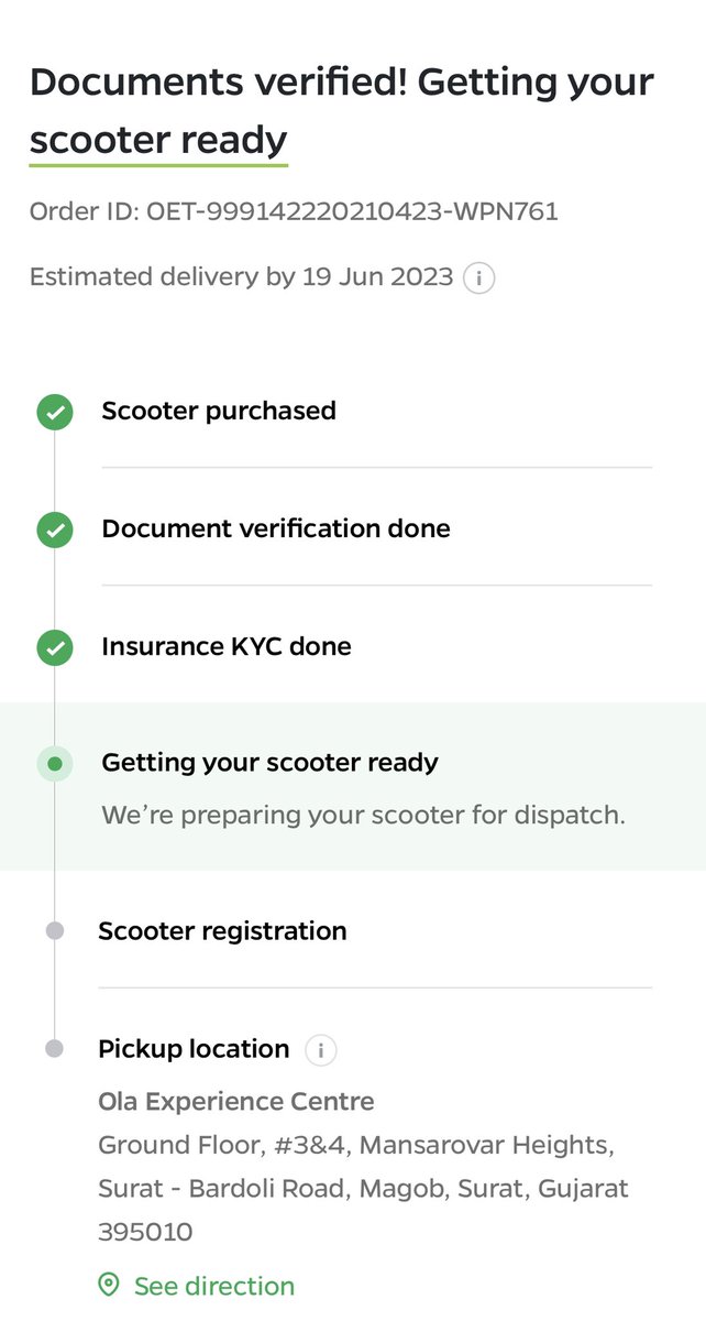 @Olacabs @OlaScooter @ola_supports 
HI SIR
I ALREADY BOOK OLA SCOOTER 1ST OF JUNE NEXT DAY MY DOCUMENT ARE SUCCESSFULLY VERIFIED.
NOW AFTER 21DAYS I CHECK MY STATUS SCOOTER IS NOT DISPATCH.
CAN YOU TELL ME WHICH TIME I GET SCOOTER OLA SI1 PRO?
ODER ID:OET-999142220210423-WPN761