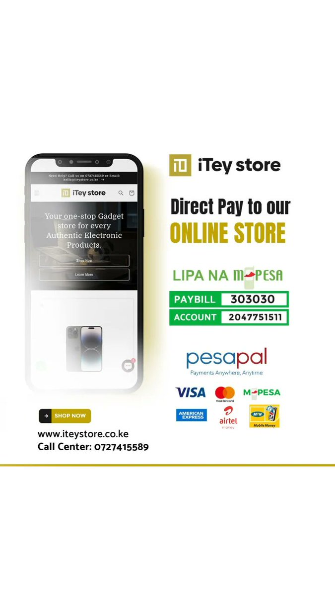 Buy online Pay online!!!
We Spare you the hassle of carrying cash and cards...

Affordable and fast delivery guaranteed!

#mpesa #pesapal #payonline #shop #shoponline #itey #iteystore #nairobi #nairobikenya