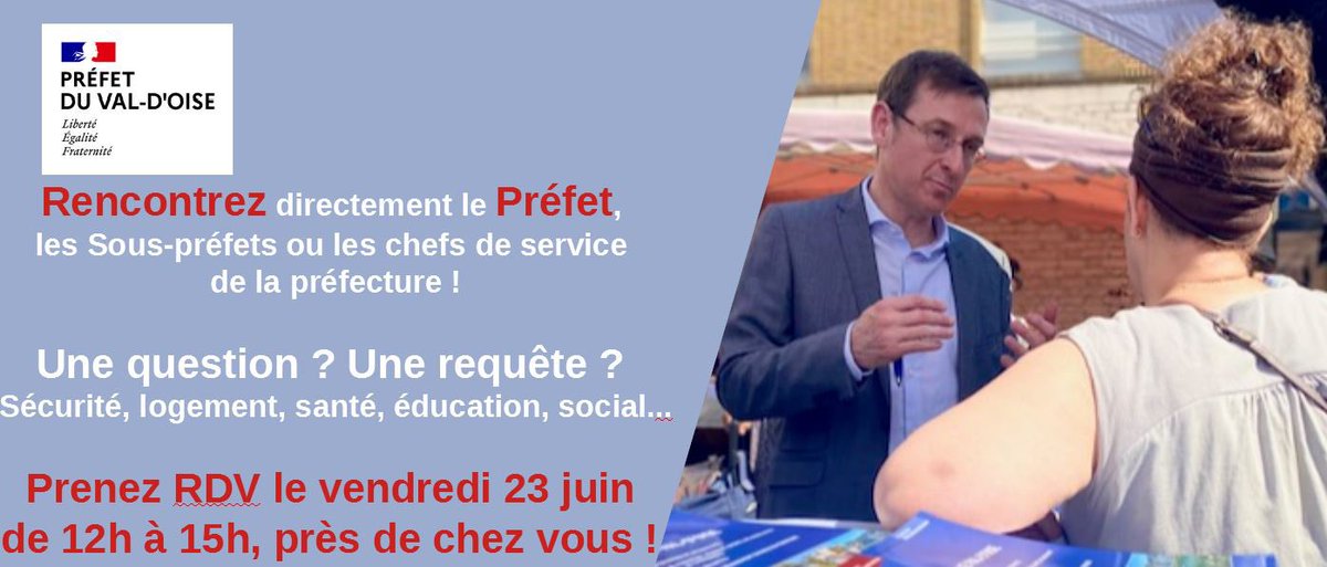 🔴 #proximité | Rencontrez directement le Préfet, les Sous-préfets ou les chefs de service de la préfecture !

⁉️Une question ? Une requête ? 
Sur l’une des ces thématiques par exemple : sécurité, santé, impôts, éducation, accueil des étrangers, social, contrôle alimentaire…