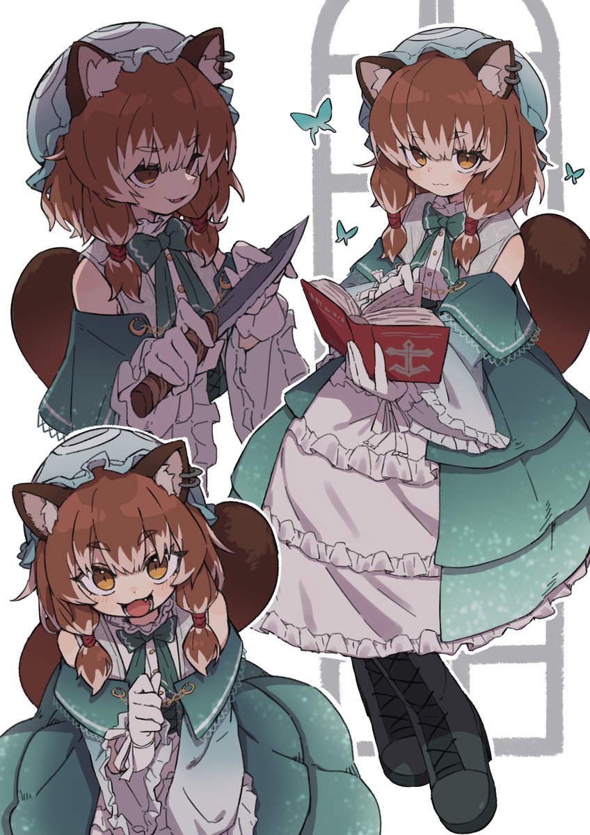 1girl animal ears brown hair book tail knife multiple views  illustration images