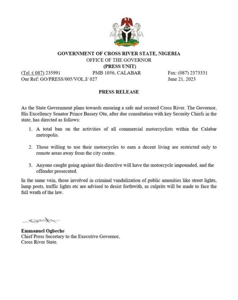 Cross River state bans the use of commercial motorcycles