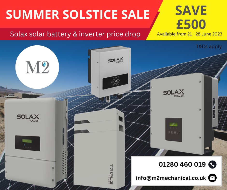M2Air's tweet photo. For #SummerSolstice today, make the most of our Summer #Solax #Sale!

We're offering #solar PV customers £500 off all Solax battery and inverter orders.

To make the most of this offer, place your order before midnight on 28 June 2023.

✉️ Email enquiries@m2mechanical.co.uk https://t.co/9oNDcA9Idw