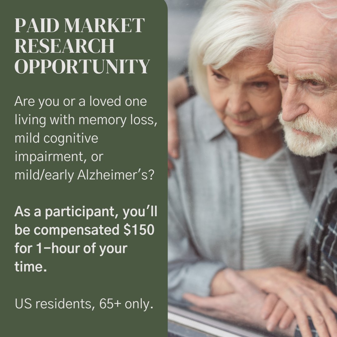$150 to share your story!

We’re looking for people who have been experiencing #MemoryLoss or received a diagnosis of #MildCognitiveImpairment/mild #Alzheimers.

Caregivers are also wanted.
The patient MUST be 65+ & a US resident.

Register your interest: forms.monday.com/forms/c70058be…