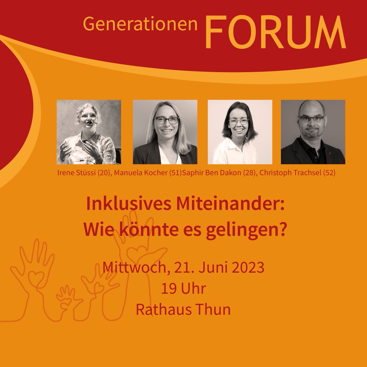 📢 Heute Abend im #Rathaus 📣 
Diskutiert beim #Generationenforum  über Teilhabe und ein inklusives Miteinander. ExpertInnen teilen ihre  Perspektiven. 💪🏽