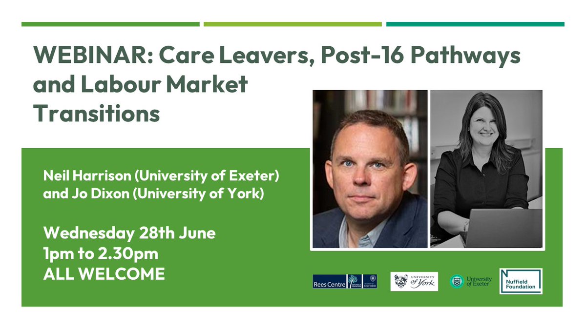 🚨📢🚨 REMINDER (and please RT!)... Webinar on 'Care Leavers, Post-16 Pathways and Labour Market Transitions' hosted by @ReesCentre, based on the findings of our @NuffieldFound study. Wednesday 28th June at 1pm. All welcome. Teams Live link: cutt.ly/owemnJC8