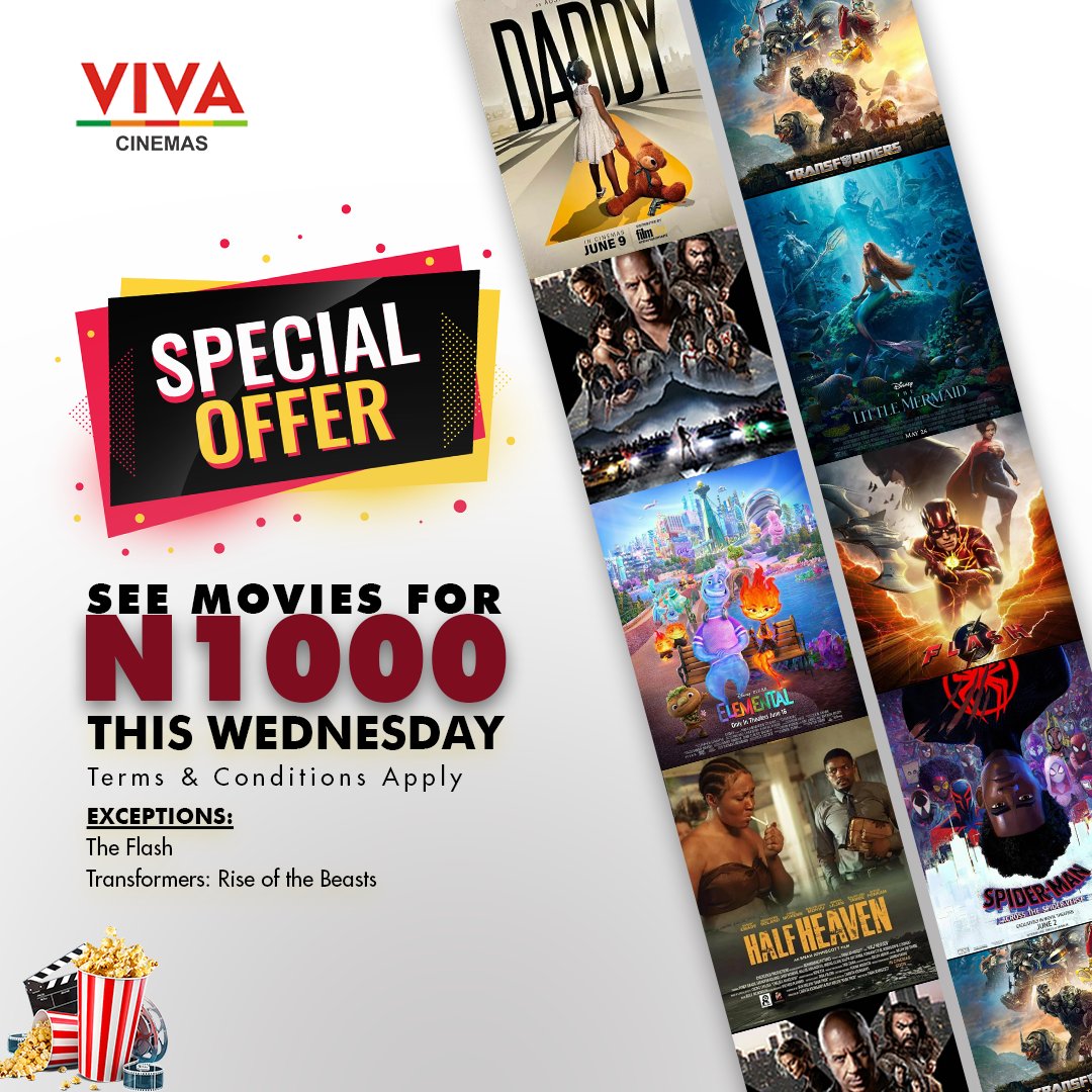 Get the ultimate cinema experience today for just N1000 at Vivacinemas Nationwide🍿🎬 See the latest movies at promo price today. Exceptions are on the flyer Tag your friends and plan that movie hangout today! #Vivacinemas #Vivaexperience #movie #discount #VivaWednesday