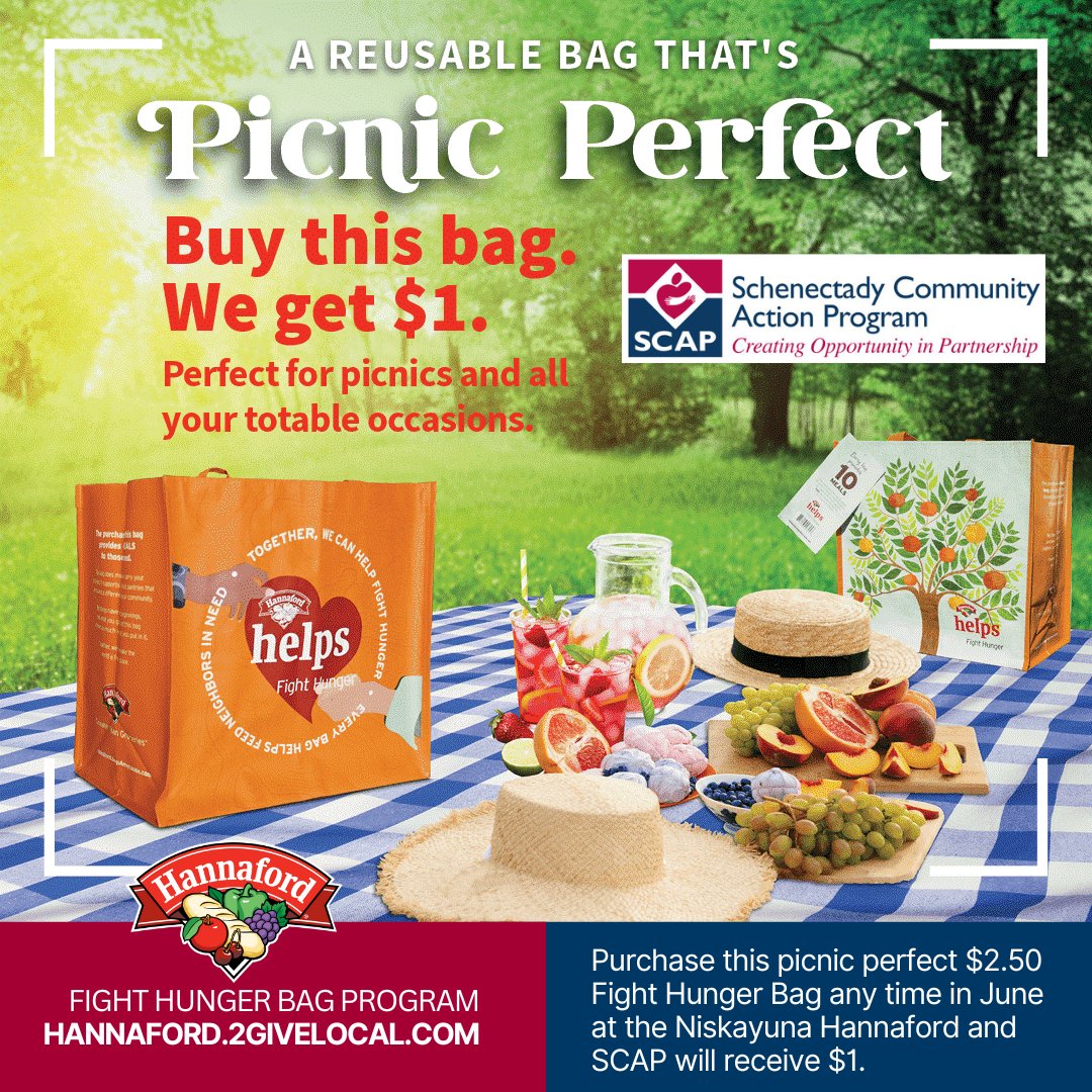 SCAPNY's tweet image. Hannaford’s Niskayuna has selected SCAP to receive a $1 donation from every purchase of the $2.50 Fight Hunger Bag, during the month of June. Every bag you purchase will help support our many programs &amp;amp; services for people experiencing poverty and homelessness in Schenectady.
