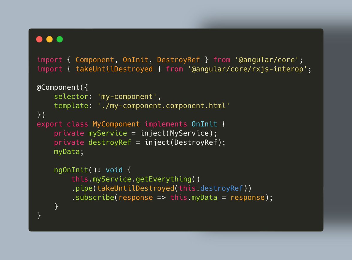 dominik_pieper's tweet photo. In #Angular components you need to unsubscribe to prevent memory leaks. The most used way to unsubscribe is with the use of takeUntil and Subjects and adds boilerplate. With Angular 16 theres a new pipe takeUntilDestroy() you can use. https://t.co/lFbOS2aQ0K