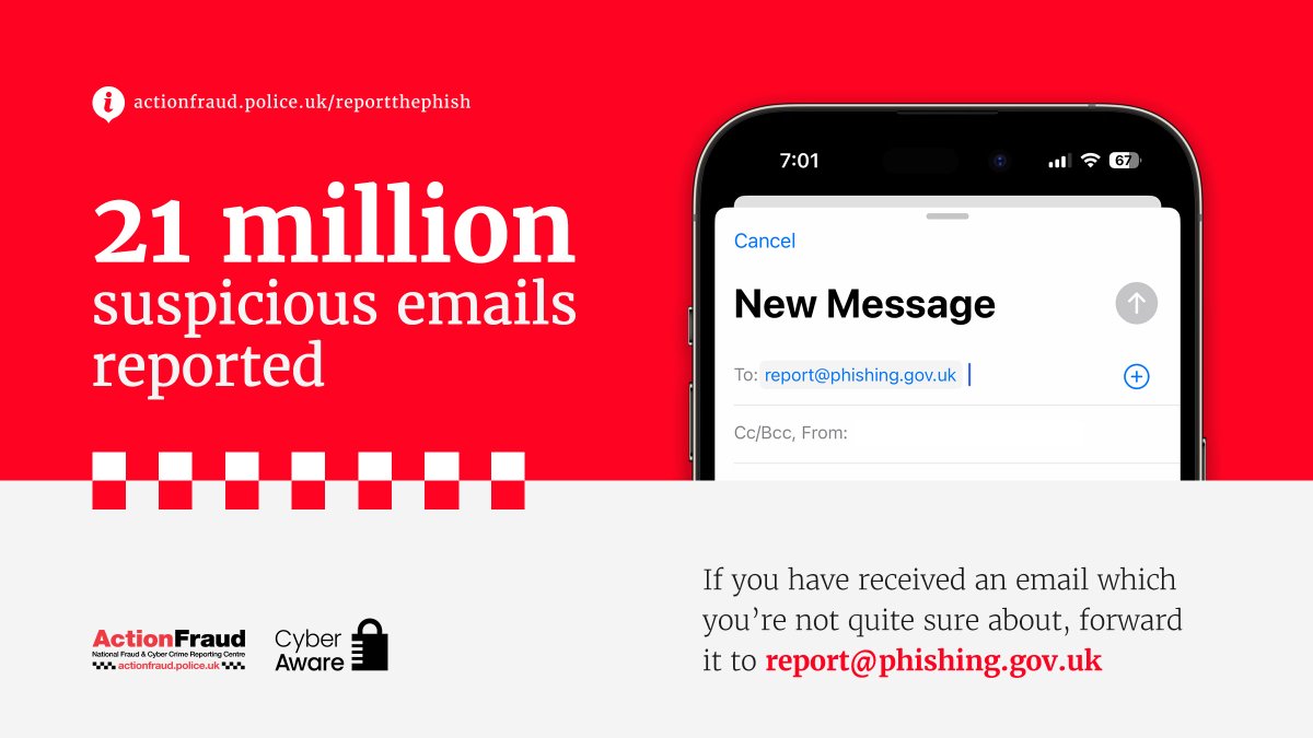 Ever received a suspicious email? 📧

As of May 2023, 21 million suspicious emails have been reported to the Suspicious Email Reporting Service, resulting in the removal of over 253,000 malicious websites.

Find out more here: actionfraud.police.uk/reportthephish

#ReportThePhish