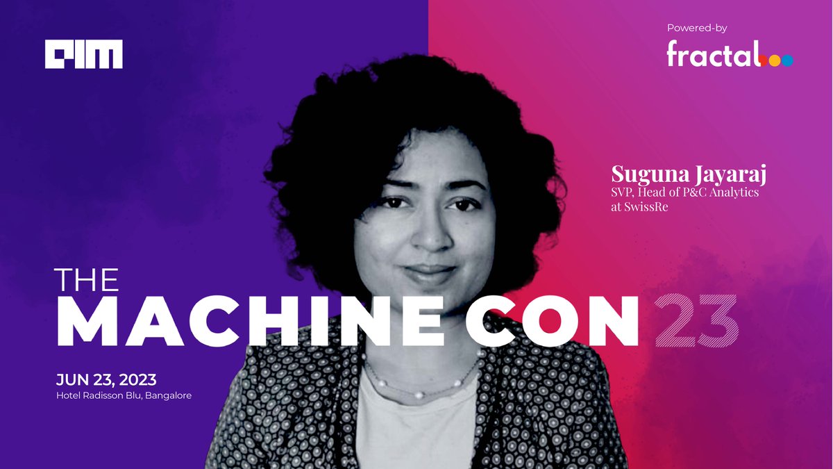 Analyticsindiam's tweet image. #MachineCon23 | June 23 | Bangalore
We are thrilled to announce that Suguna Jayaraj, SVP, Head of P&amp;amp;C Analytics at @SwissRe will be joining us for an engaging panel discussion at MachineCon 2023.

Details- lnkd.in/gs65UPci

#machinelearning #artificialintelligence