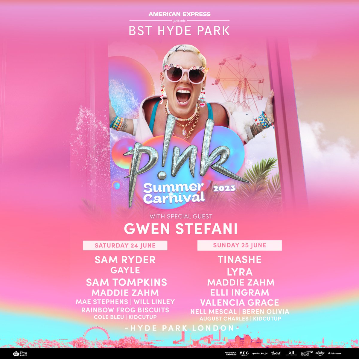 Here it is! Your full lineup for @Pink's Summer Carnival at American Express presents BST Hyde Park 🎡 We're so excited to have @ElliIngram, @rainbowfrogbics, Cole Bleu, @Augustcharles_ and @KidCutUp joining us 🫶 #BSTHydePark | #PINK