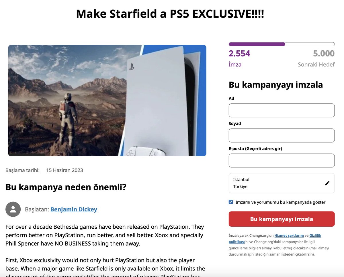 🛎️ Bir PlayStation kullanıcısı, Starfield'ın PS5'e özel olması için imza kampanyası başlatmıştı.

Kampanya, 2500 imzayı geride bıraktı.