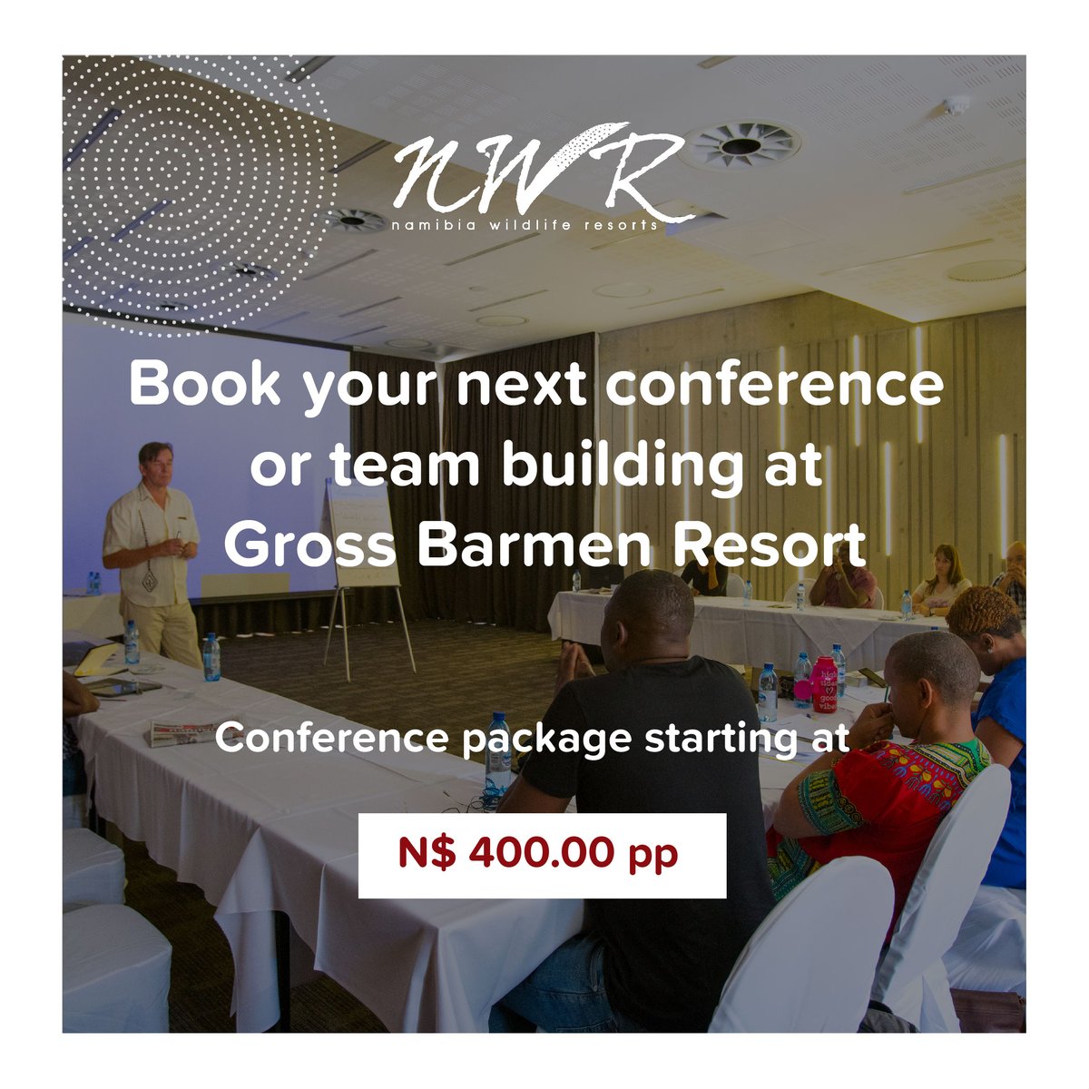 NWRNamibia's tweet photo. Don't miss out on this opportunity to boost productivity and foster team spirit. Our conference packages start at N$400.00 per person. Call our MICE team at +264 61 285 7167/7169/7139 for more information.
#ConferencePackages #TeamBuilding #ResortExperiences #NWRMoments https://t.co/Sdsyvem7pf
