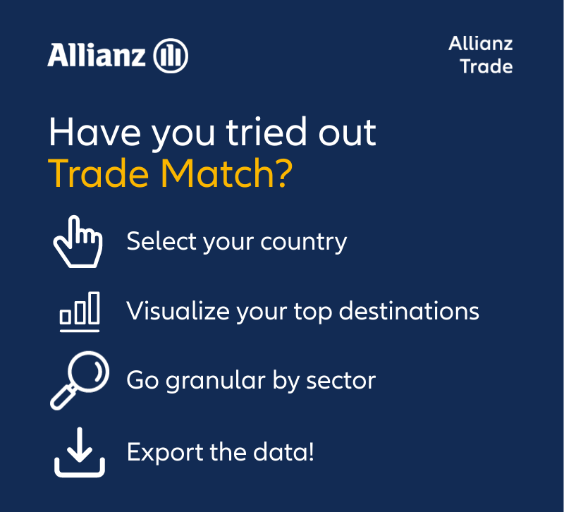 allianztrade's tweet photo. Have you tried out #TradeMatch? Using our #trade forecasts and country and sector risk ratings, our #data visualization tool helps you identify where to #export next. Take it for a spin here 👉 https://t.co/jiRxrMwWPJ #econtwitter @Ludovic_Subran @AnoKuhanathan @FrancoiseHuang https://t.co/HpXzMSFE4H
