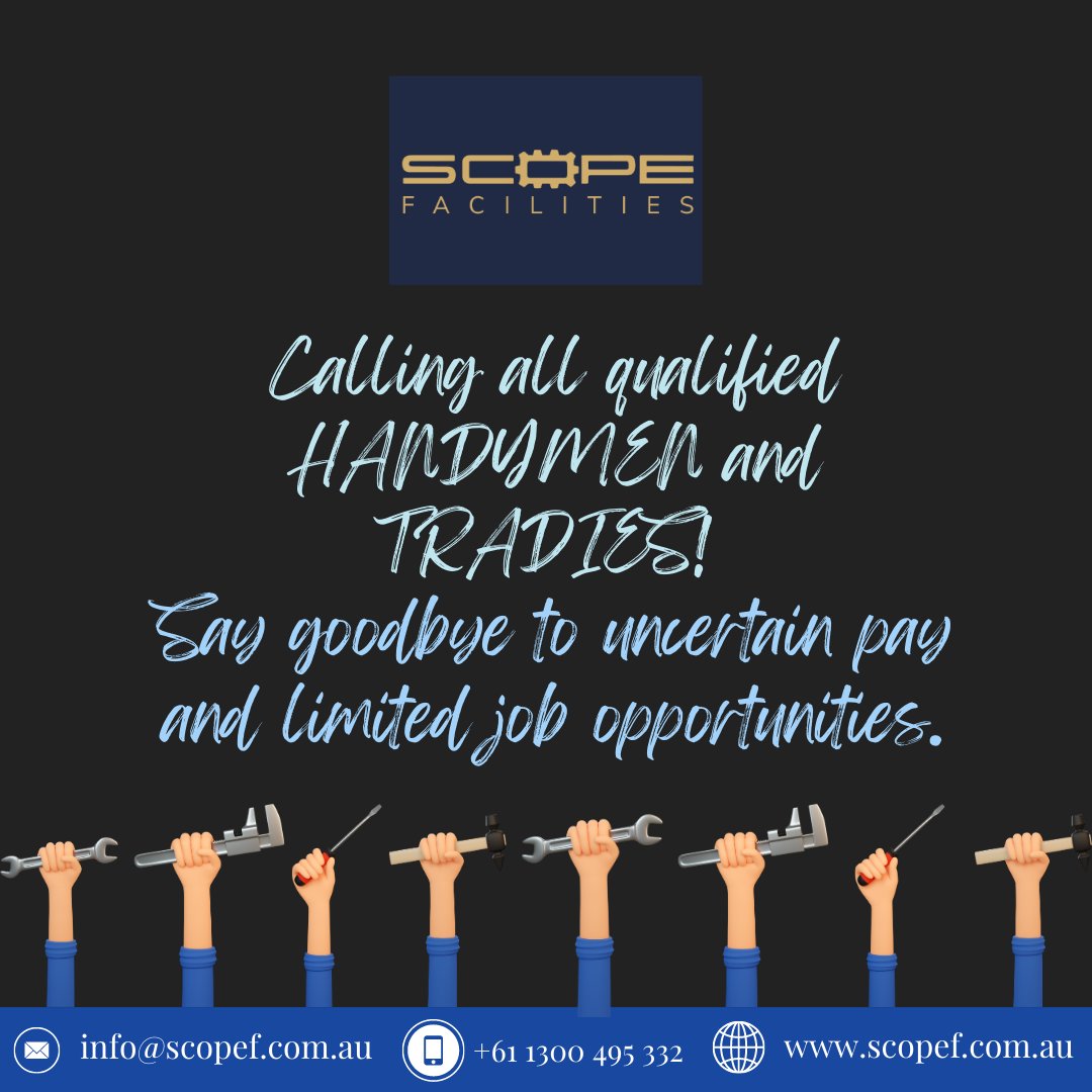 Don't miss out! Contact us today to initiate the process.

You can reach us here:
✉️info@scopef.com.au
📞+61 1300 495 332
qr.page/g/4Gl1cc2VPyp
qr.page/g/3GzVfrVc8H5

#scopefacilities #australia #securepay #jobsecurity #tradejobs #secureemployment #steadyincome #guaranteedpay