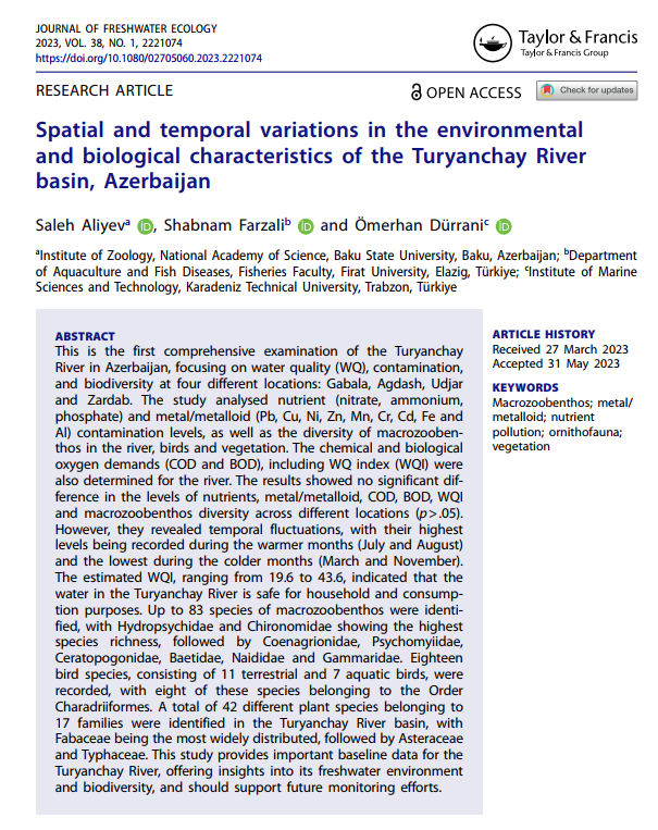 Uncover intriguing findings about the remarkable #TuryanchayRiver in #Azerbaijan, including #WaterQuality, #ContaminationLevels, & the captivating #DiversityOfSpecies thriving within its #ecosystem. 🌿🌊
 Full paper 📄🔗 bit.ly/3p6UwJD.