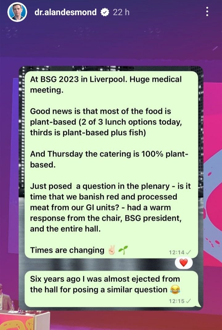 The @BritSocGastro medical conference in Liverpool - most of the lunch offering is #plantbased, no red or processed meat, & Thur is 100% plant-based.
Gastroenterologists know that meat isn't good for our gut, it's great to see them setting an example! 🙌
#BSGLIVE23
@DrAlanDesmond