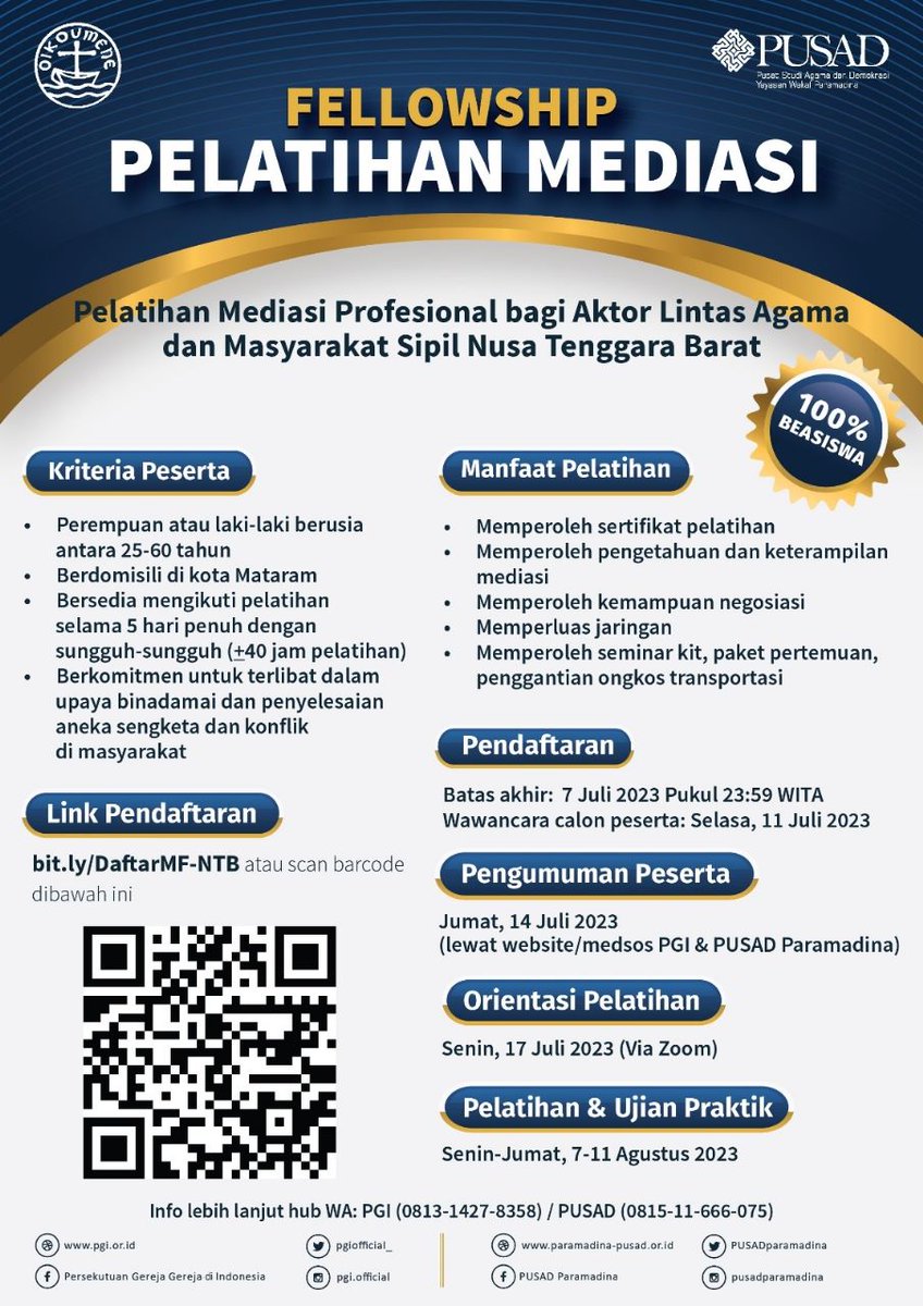 Teman-teman masyarakat sipil yang bekerja pada isu perdamaian, aktor lintas iman, berdomisili di kota Mataram, sila mendaftar melalui link: bit.ly/DaftarMF-NTB 

<a href="/pgiofficial_/">PGI</a>
@ihsan_AF
<a href="/jmanuputty/">jacky manuputty</a> 
<a href="/acenghusni/">Husni Mubarok</a>