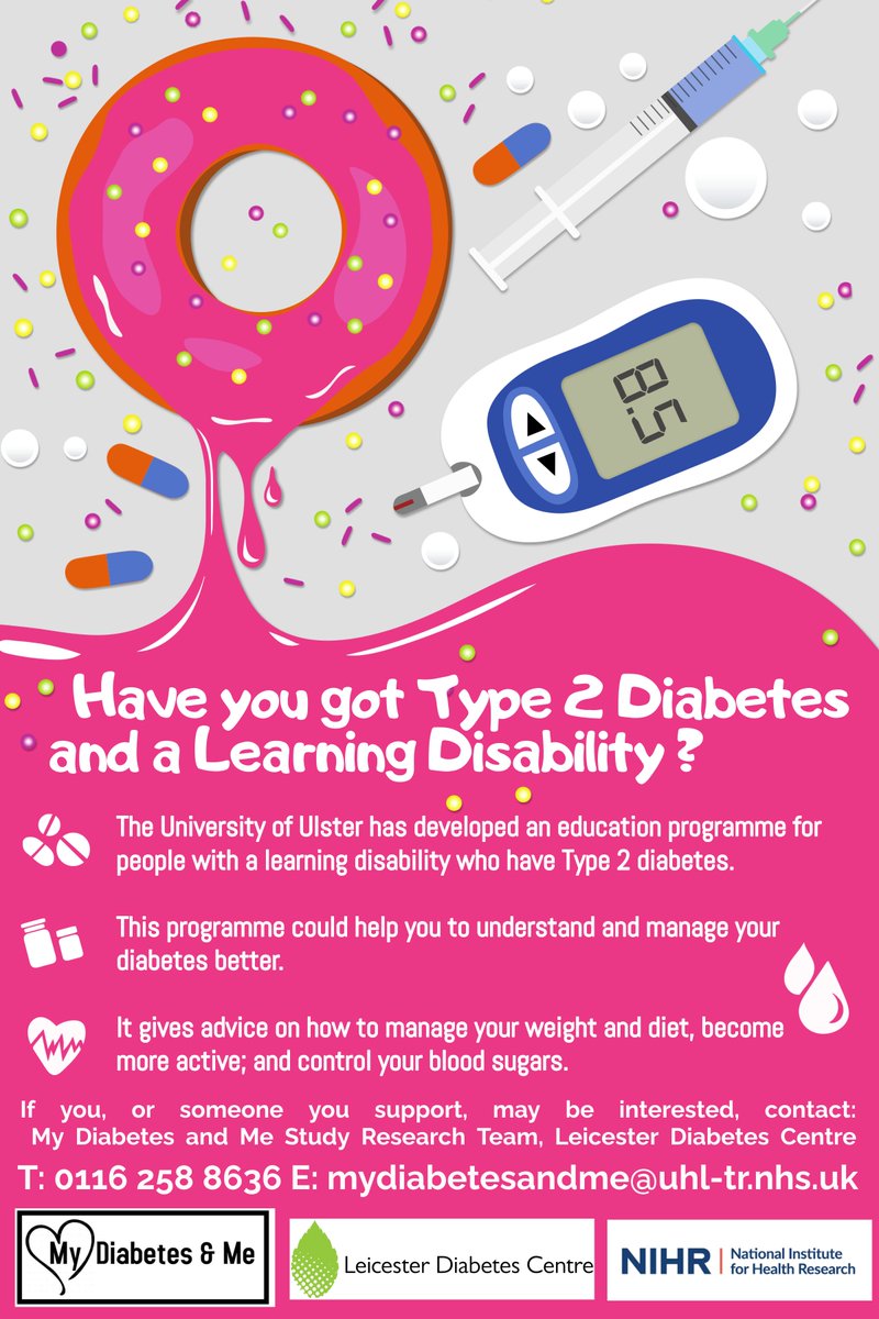 Do you know, or support, an adult with learning disabilities and type 2 diabetes?

We are looking for participants with a learning disability to take part in a study aimed at helping manage their diabetes.

For more information email mydiabetesandme@uhl-tr.nhs.uk 

#LDWeek
