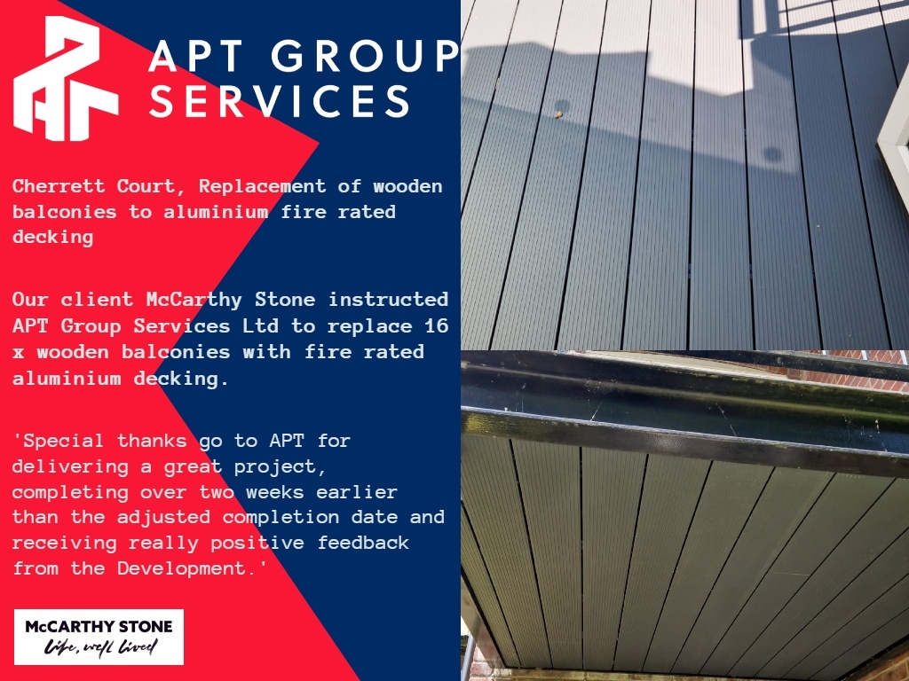 We are delighted to receive such positive feedback from our most recent project for our client McCarthy Stone. Replacing wooden decking with fire rated aluminium decking in line with new legislation for 16 balconies. aptgroupservicesltd.co.uk/projects/cherr…