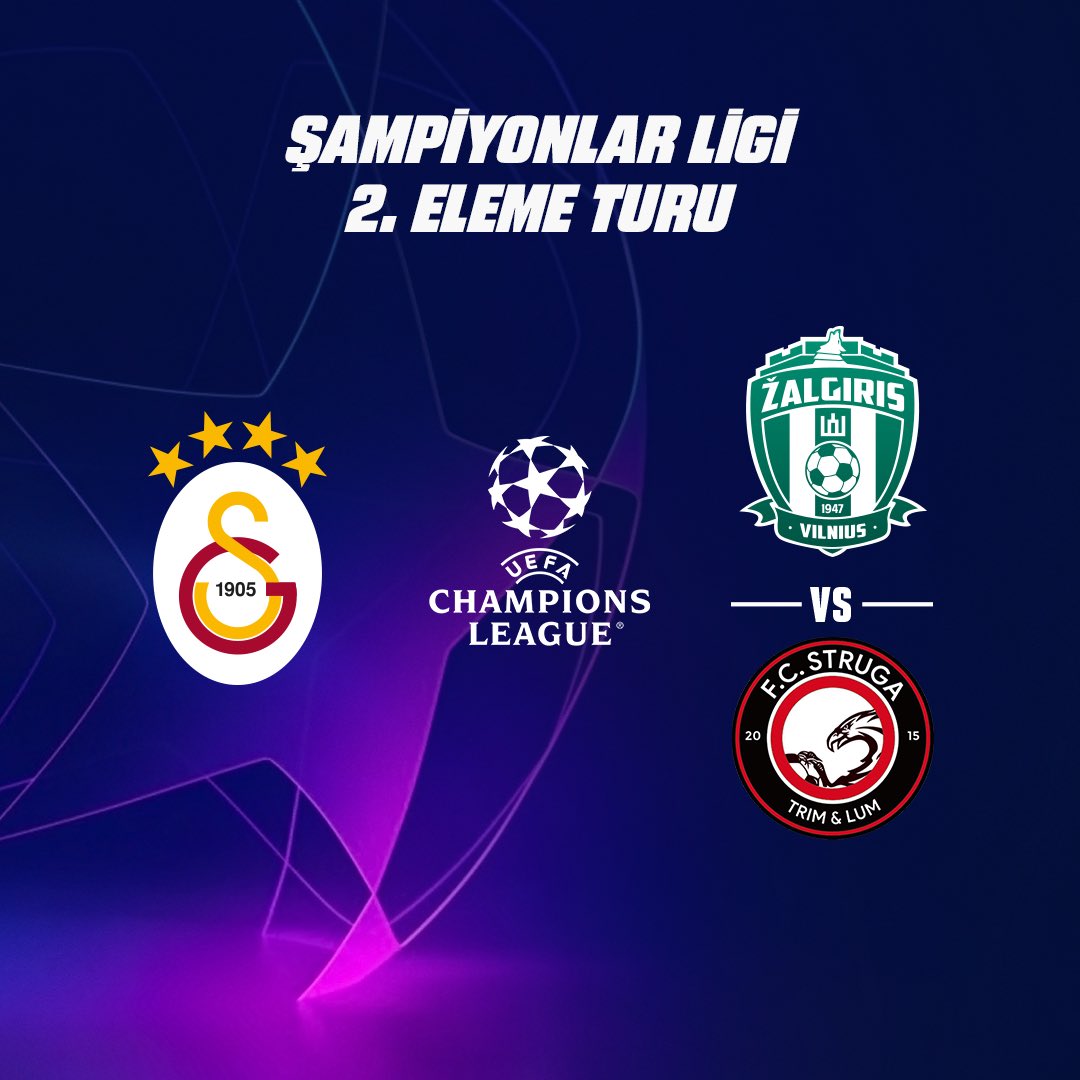 ℹ️ UEFA Şampiyonlar Ligi 2. Eleme Turu'ndaki rakibimiz FK Žalgiris Vilnius/FC Struga eşleşmesinin galibi olacak. 

📆 İlk maç 25 veya 26 Temmuz'da, rövanş maçı ise 1 veya 2 Ağustos'ta oynanacak. 

#UCLdraw