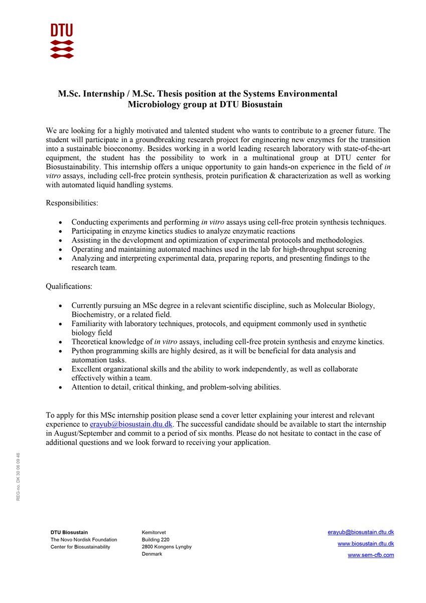 📢 Exciting Opportunity Alert! 🌿 Join the Systems Environmental Microbiology group <a href="/LabNikel/">Nikel SEM Group</a> led by <a href="/PabloINik/">Pablo Iván Nikel @pabnik.bsky.social</a> @Daniel_Volke at <a href="/DTUBiosustain/">DTU Biosustain</a> as an M.Sc. Intern/Thesis Student! 🎓💼

 #SyntheticBiology #Internship