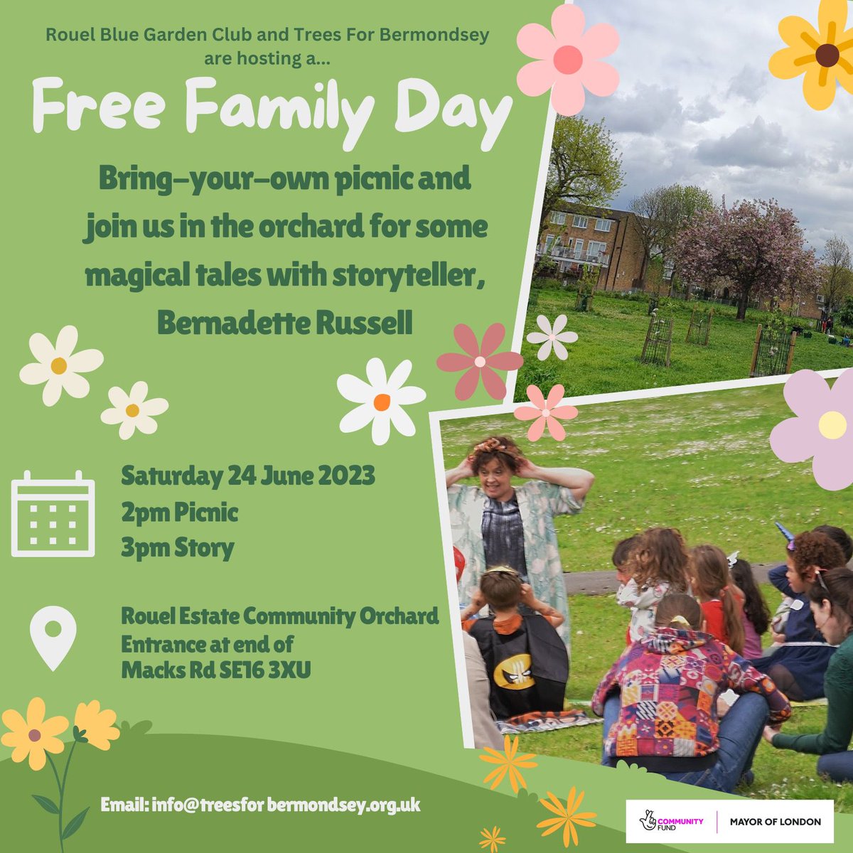 Two exciting FREE events this Saturday 24 June:  a BYO picnic in the #RouelCommunityOrchard featuring magical tree stories (flyer below), & a guided tour of two #Bermondsey Orchards. For tour book here: eventbrite.co.uk/e/join-us-for-… #MayorsCommunityWeekend #LondonStrongerTogether