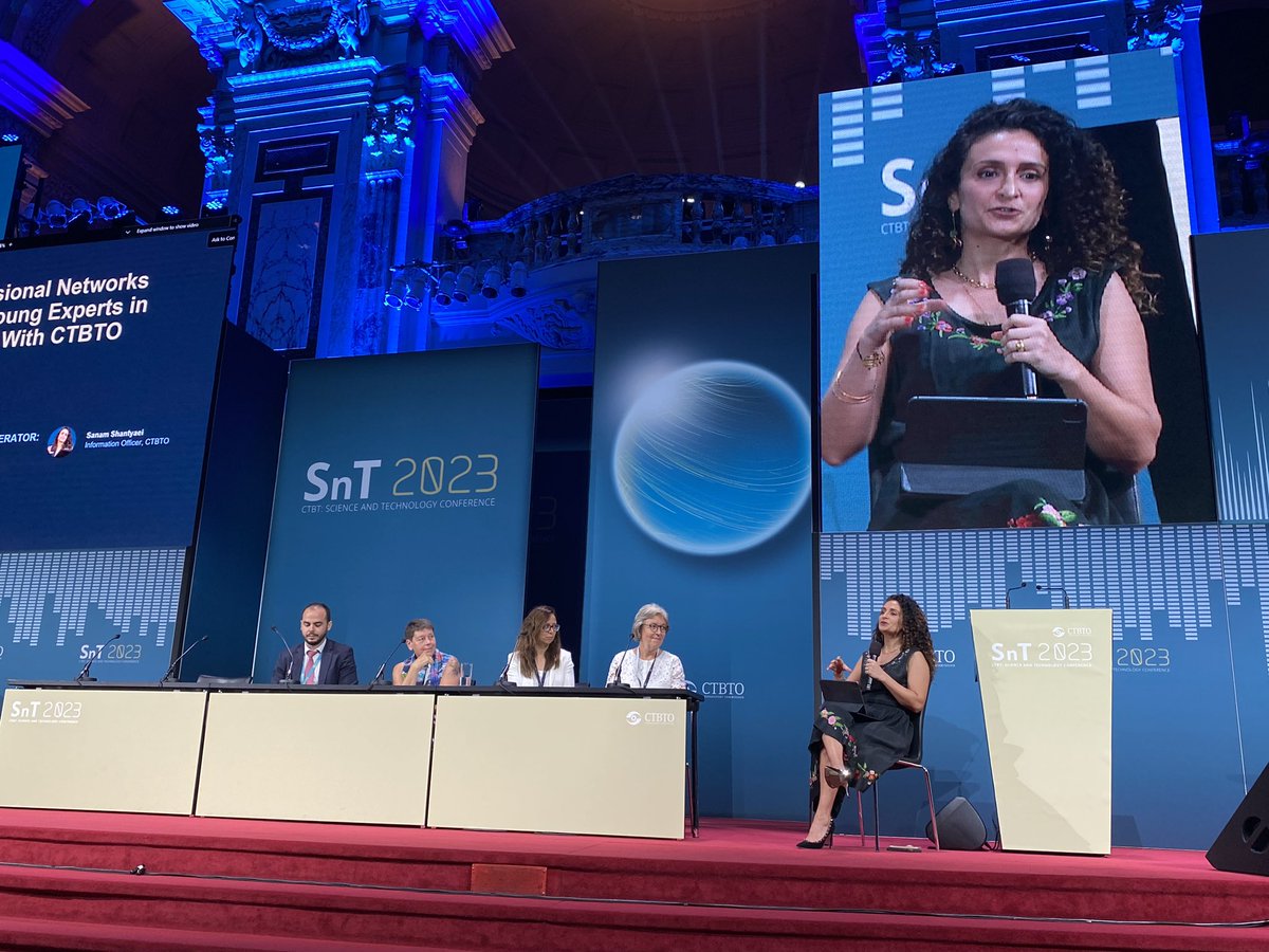 Happening now at #SnT2023 —exciting panel on “Professional networks promoting #female and young experts in #STEM and cooperation with CTBTO” featuring amazing &amp; inspirational leaders, &amp; moderated by the brilliant <a href="/Sanam_Shantyaei/">Sanam Shantyaei</a> —tune in to watch &amp; get inspired! #gender #youth